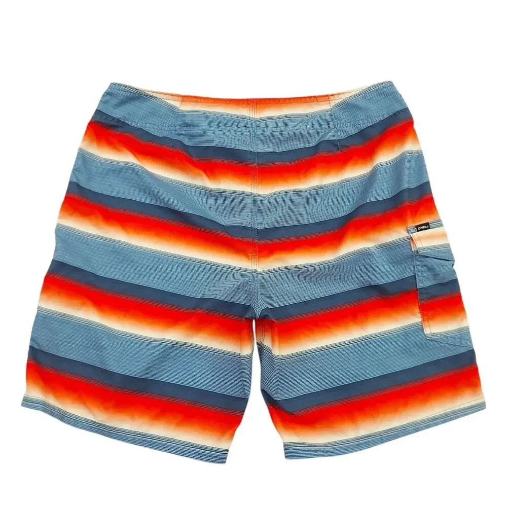 O'Neill Mens Board Shorts 32 Blue Orange Striped Swim Trunks Cargo Pocket Beach